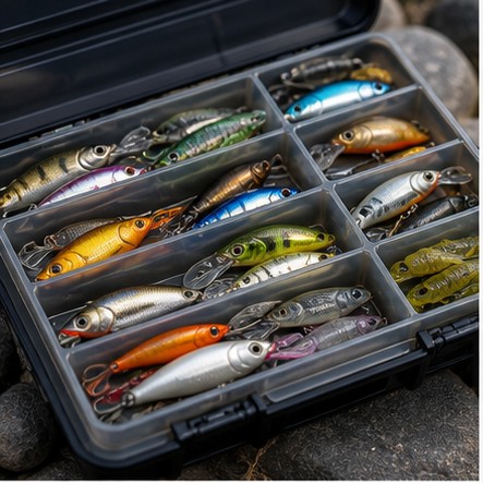 Non-branded tackle box and fishing lure planning scene